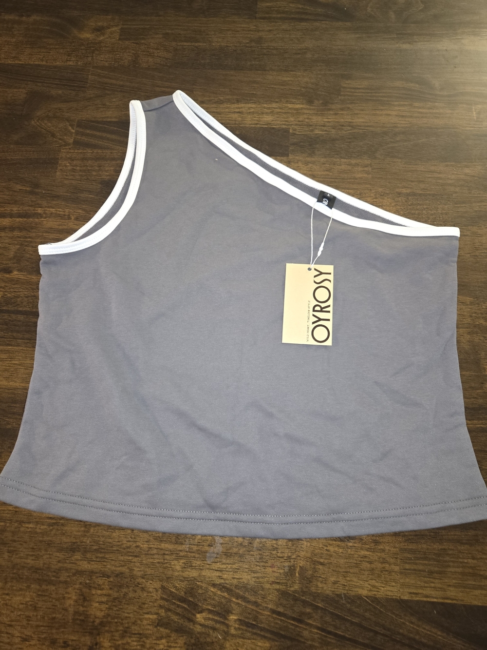 Oyrosy Women's L Asymmetric Gray Tank Top with White Trim. New